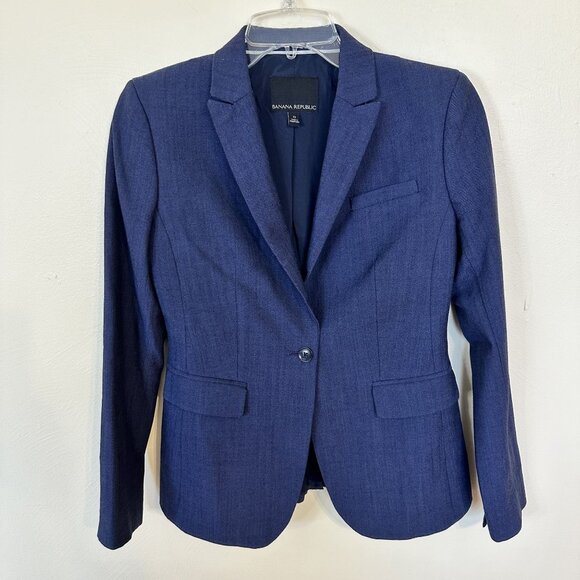 Banana Republic Womens Wool Blend Navy Blazer Size 0 One Button - Picture 1 of 11